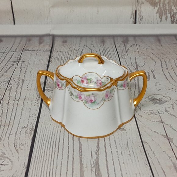 Porcelain Sugar Bowl KPM Germany Floral Pink Roses Gold Trim Double Handles - Picture 3 of 13